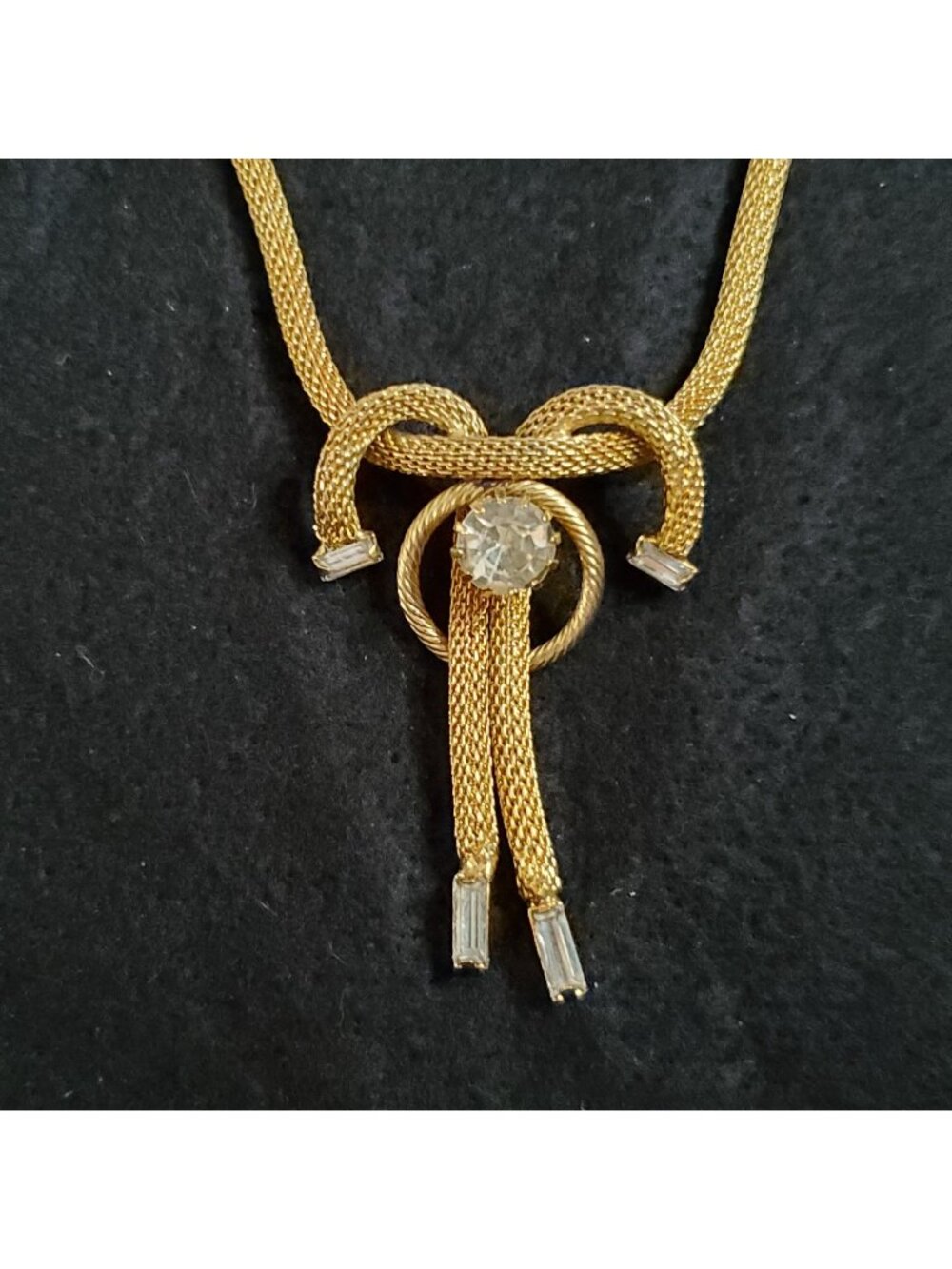 Vintage Mesh Choker Necklace Gold Tone Rhinestone 15"